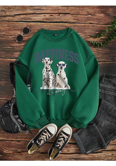 Kadın Nefti Yeşili Dalmatian Dog Baskılı Bisiklet Yaka Sweatshirt Nefti Yeşili