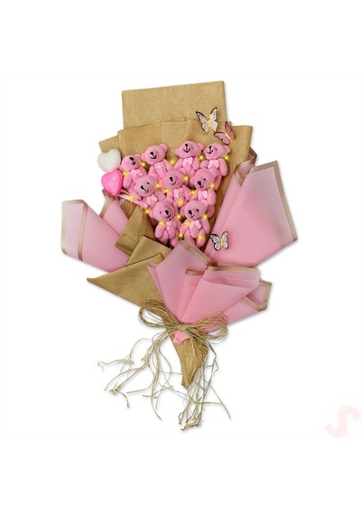 9 Pelüş Ayıcıklı Ve Led Işıklı Buket, 57cm X 45cm - Pembe