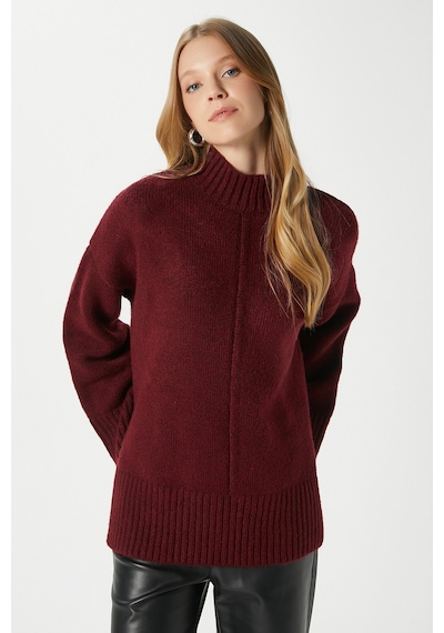 Ritnice Kadın Wonder Yumuşacık Dik Yaka Bordo Yırtmaçlı Oversize Triko Kazak Bordo