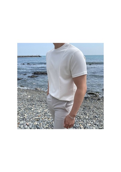 Cool Tarz Beyaz Erkek Yuvarlak Yaka 2 Çizgili Örme T-shirt Beyaz Beyaz