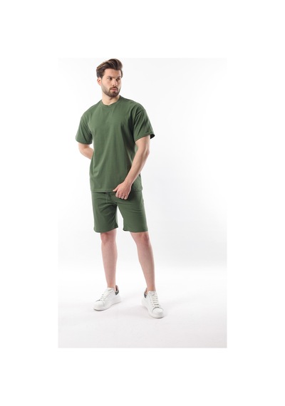 Madmext Haki Overfit Baskılı Erkek Şort T-shirt Takım E7302 Haki