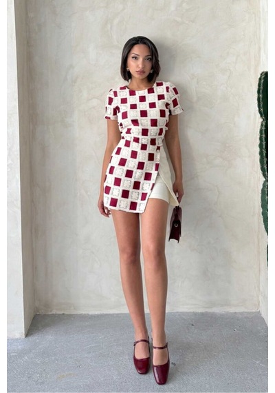 Verymoda Dantel Detaylı Kare Desen Şort Etek D2696 Taş Bordo