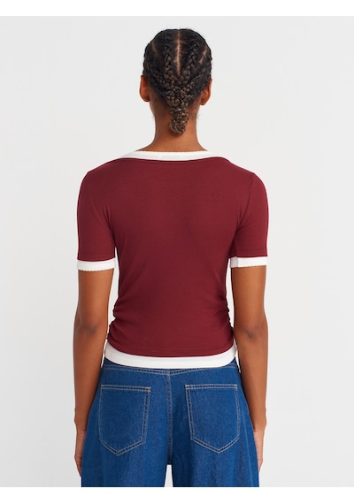 Dilvin 31942 Çift Katlı Büzgülü T-shirt-açık Bordo Açık Bordo