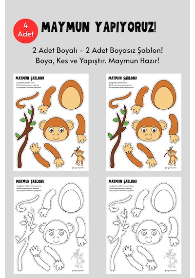 Maymun Şablonu, 4 Adet A4 Boyut, Kalın Kağıt.