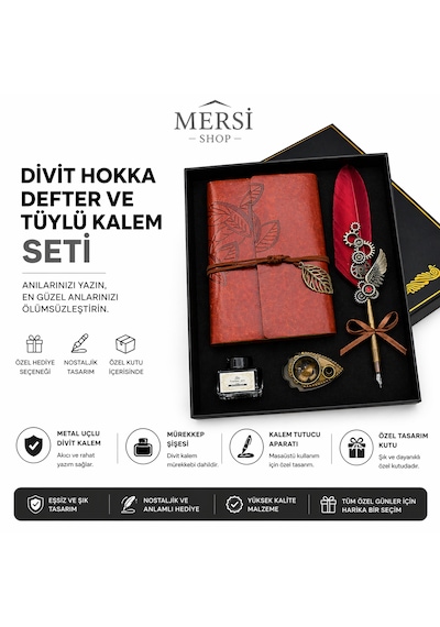 Divit Hokka Defter Ve Tüylü Kalem Seti Nostaljik Mürekkepli Yazı Seti Hediye Kutulu Gül Kırmızı