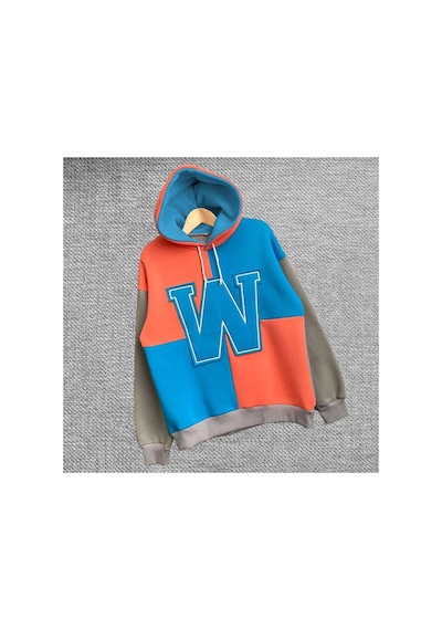 Kadın W Nakış İşlemeli Kapüşonlu 3 İplik Pamuklu Parçalı Sweatshirt Hoodie - Mi Mavi