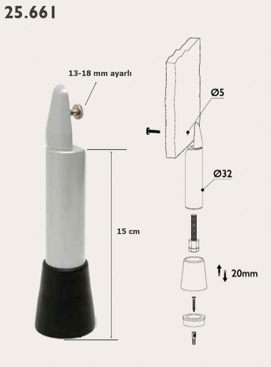 Tempo Islak Hacim Kabin Ayak 15 Cm Alüminyum 13-18 Mm Gri