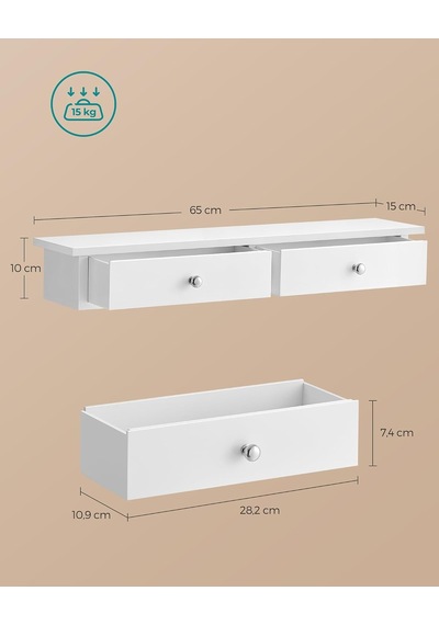 Songmıcs Duvar Rafı, 2 Çekmeceli Asma Raf, Parlak Yüzey, 15 Kg'a Kadar Taşıma Kapasitesi, 65 X 15 X 10 Cm, Koridor, Diğer