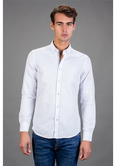 Tudors Slim Fit Dar Kesim Düz Spor Erkek Gömlek-16693 Beyaz