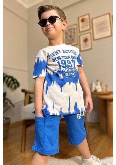 Riccotarz Erkek Çocuk New York City Ve Yazı Baskılı T-shirt Mavi Şortlu Takım Mavi