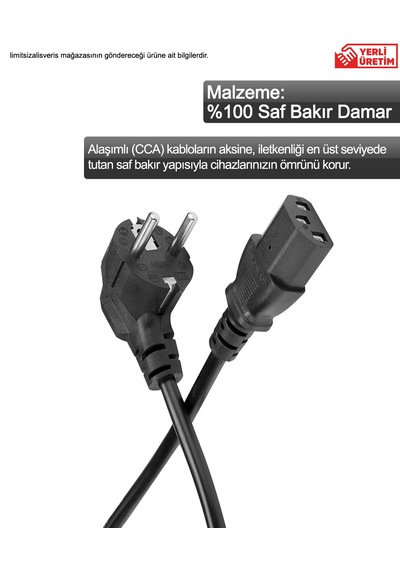 %100 Bakır 3 X 1.50mm2 Kalın Kesit 1.5 Metre Bilgisayar Kasa Güç Kablosu Pc Power Kablosu Yerli Üretim