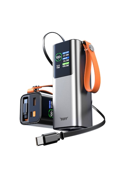 Buff Labs Buff Bp20 100w 20000mah Powerbank Dijital Ekranlı, Makaralı Dahili Type-c Kablo, Hızlı Şarj Metalik Gri