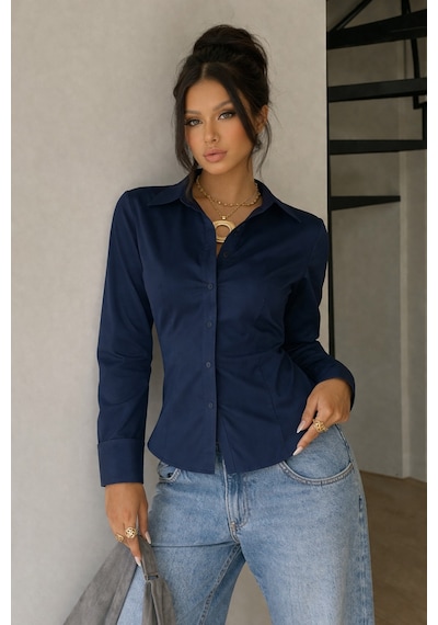 Kadın Premium Gömlek Slim Fit Uzun Kollu Şık Ofis Günlük Kombin Basic Klasik Gömlek Lacivert