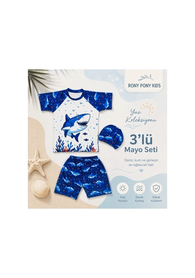 Rony Pony Kids Erkek Çocuk Mavi Köpekbalığı Baskılı 3 Lü Mayo Seti Kısa Kollu Üst Şort Bone Beyaz Mavi