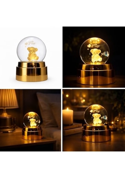 Smile Day 3d Kristal Top Gece Lambası, Teddy Bear Figürlü, Altın Rengi Tabanlı, Led Aydınlatmalı, Sevgiliye Hediye Diğer
