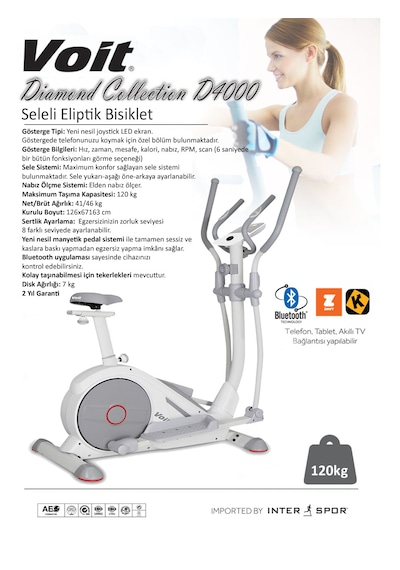 Voit D4000 Diamond Collection Seleli Eliptik Bisiklet 120 Kg Taşıma Kapasitesi İle 8 Kademe Direnç Mekanizması Beyaz