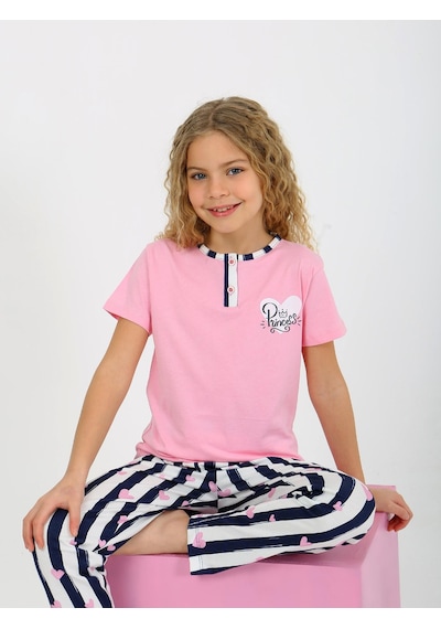 Kız Çocuk Kısa Kollu Düğme Detaylı %100 Pamuklu Pijama Takımı Princess Heart Koyu Pembe Kız Çocuk Kısa Kollu Düğme Detaylı %100 Pamuklu Pijama Takımı Princess Heart Koyu Pembe