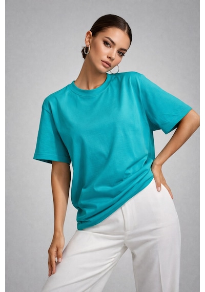 Kadın Turkuaz %100 Pamuk Oversize Basic Tişört Rahat Kalıp Relaxed Bisiklet Yaka T-shirt Turkuaz
