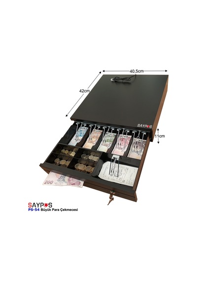 Slip Gözlü 5 Geniş Kağıt Para Bölmeli Anahtarlı Ve Pos Bağlantılı Büyük Para Çekmecesi 40,5x42x11cm