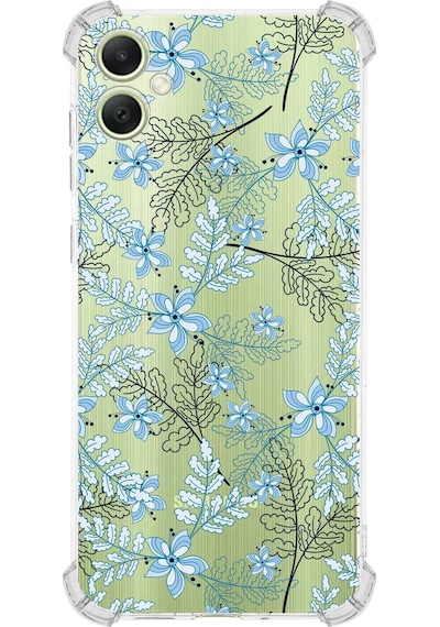 Samsung A05 Uyumlu Köşe Korumalı Floral Mavi Tasarımlı Şeffaf Silikon Kılıf