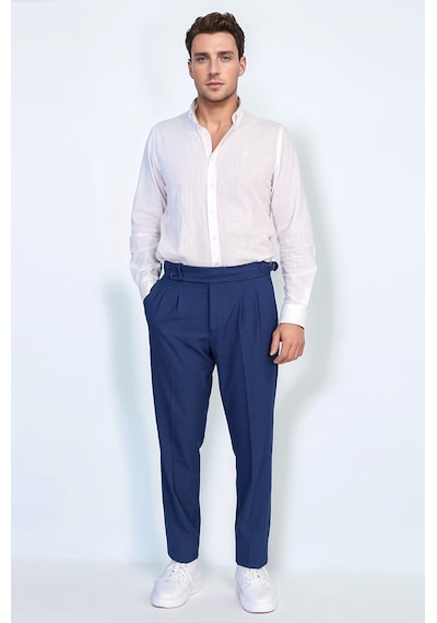 Saks Mavisi Çift Pileli Tokalı Yüksek Bel Slim Fit Pantolon Wessi Koyu Mavi