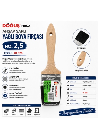 Doğuş Ahşap Saplı Yağlı Boya Fırçası No : 2,5 Kodu : 01 025