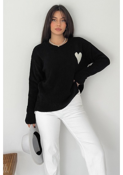 Noa & Noa Kadın Kalpli Kalın Triko Kazak Oversize & Minimal Romantik Stil Siyah