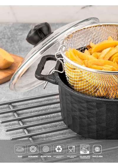 Polochef Döküm Granit Kızartma Tenceresi Fritöz 24cm Siyah