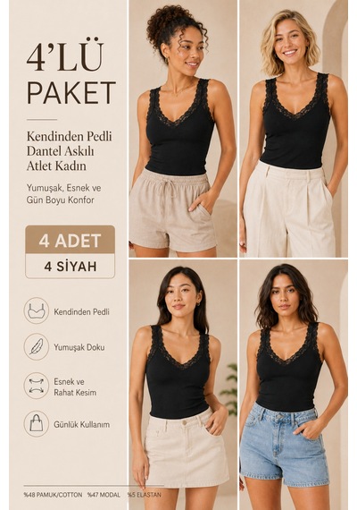 Loule Kadın 4'lü Dantel Detaylı Pedli Toparlayıcı Atlet Siyah