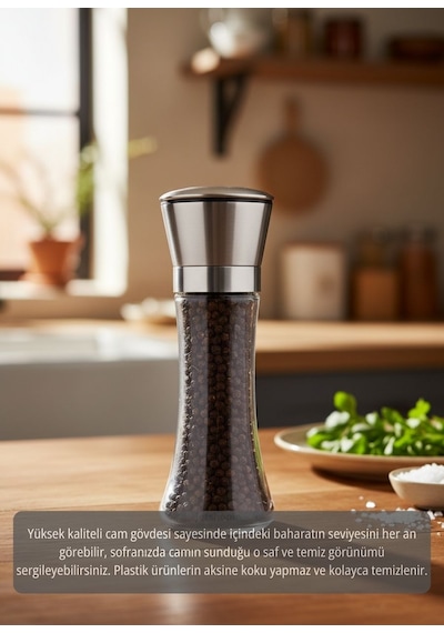 Lüks Çelik Kapaklı Cam Tuz Ve Karabiber Değirmeni 19 Cm Modern Baharat Öğütücü Şeffaf