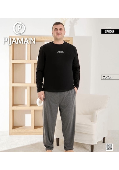 Pijamoni Erkek Battal Bisiklet Yaka Penye Uzun Kol Pijama Takımı 6700/5 - 1 Adet Siyah