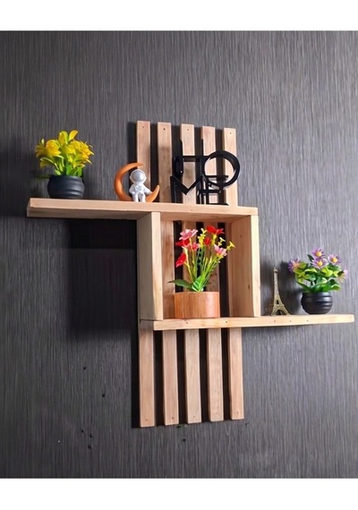 Dekoratif Ahşap Duvar Rafı 60x50 Cm - Çift Taraflı Bant İle Yapıştırılabilir - Modern Kitaplık Bej