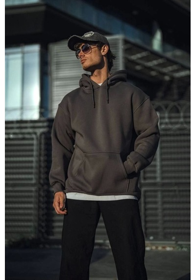 Efnaz Style Üç İplik Penye Kapşonlu Basic Sweatshirt - Antrasit Fume
