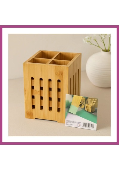 Gees Global Ahşap Bambu 4 Bölmeli Kaşıklık Organizer 11x11 Cm, Pencereli Gbzs