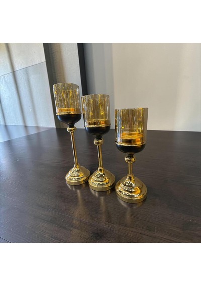 Noir Gold Şamdan Mumluk Seti Siyah & Altın Modern 3 Lü Lüks Masa Üstü Dekoratif Aksesuar Altın