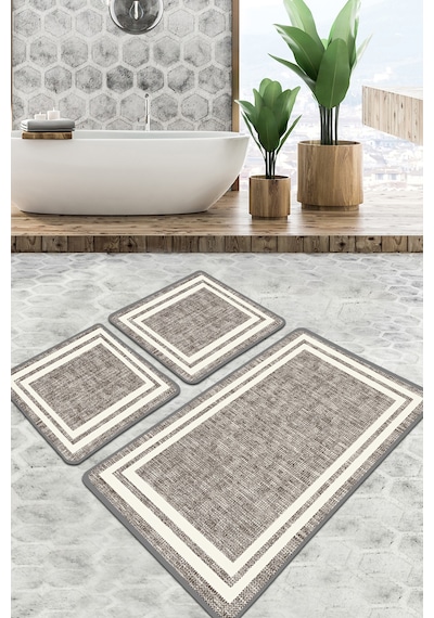 Formica Banyo Halısı Djt 3 Lü Set, Banyo Halısı , Banyo paspası yıkanabilir Gri