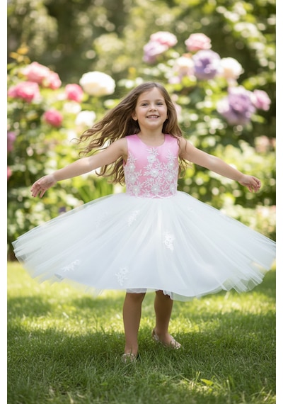 Dide Kids Dide Kız Çocuk Dantelli Pembe Abiye Elbise Pembe- Ekru