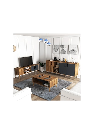 Exxen Ahşap Ayaklı Tv Ünitesi - Orta Sehpa - Konsol Seti Hat - Antrasit Set 1580-2070-1620 Exxen Ahşap Ayaklı Tv Ünitesi - Orta Sehpa - Konsol Seti Hat - Antrasit Set 1580-2070-1620