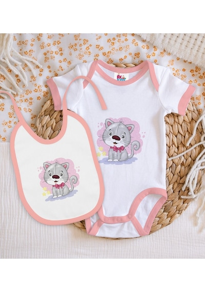 Bk Kids Sevimli Köpek Tasarımlı Pembe Bebek Body Zıbın Ve Mama Ön Çok Renkli