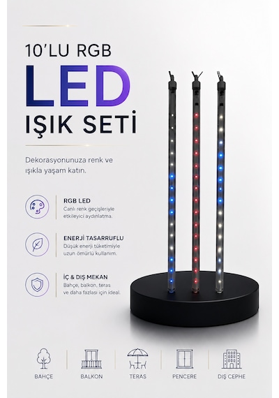 Dekoratif Aydınlatması Rgb Led 10 Lu Çubuk Seti - Lisinya Mavi