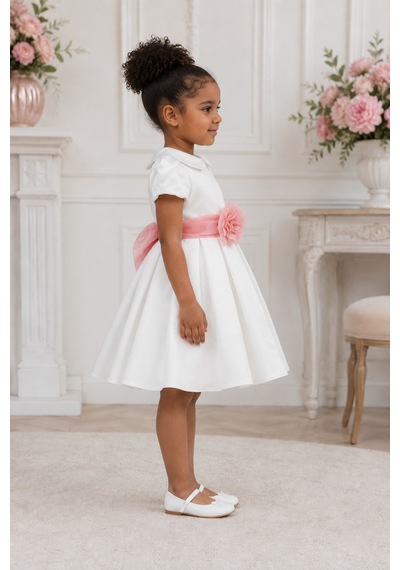 Babyhola Kız Çocuk Sade Beyaz Saten Abiye Elbise Balo Elbisesi 7152 Pembe