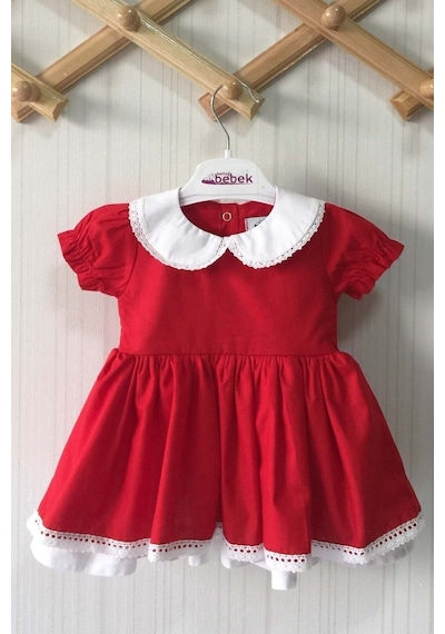 Bebe Yaka Dantel Detaylı Kırmızı Poplin Kız Çocuk Bebek Bayram Özel Gün Elbise 001