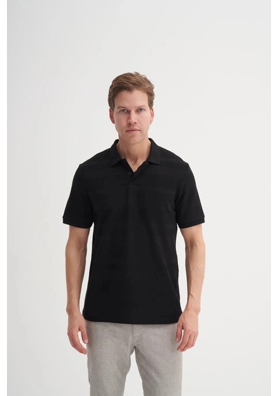 Cazador Polo Yaka Regular Fit Örme Çizgi Dokulu Tişört Siyah