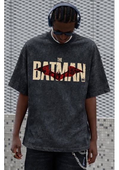 Batman Süper Kahraman Sırt Baskılı Unisex Oversize Eskitme Yıkama Siyah