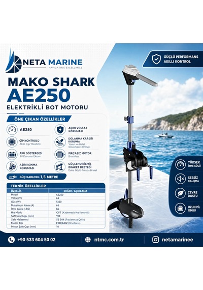 Makoshark Ae 250 Fırçasız Elektrikli Tekne Motoru - 86 Lbs, 24v, Cvt Kademesiz Vites, Akıllı Çip Kor
