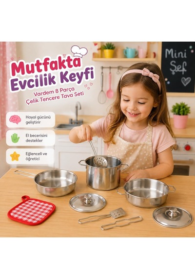 8 Parça Çelik Tencere Tava Seti, Çocuklar İçin Metal Mutfak Ve Evcilik Oyun Seti Atf-1818-3 Diğer