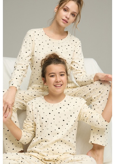 Siyah İnci Pamuklu Bisiklet Yaka Örme Pijama Takım25241142 Ekru