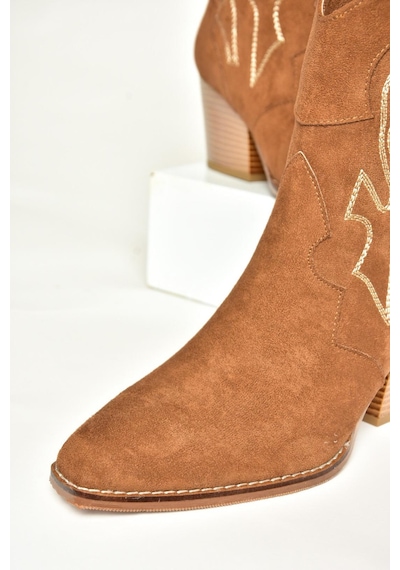 Fox Shoes T296112002 Taba Süet Kalın Topuklu Kadın Bot Taba-Süet Taba