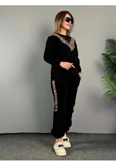 Defymoda Kadın Üç Iplik Kumaş Leopar Desenli Dantel Detaylı Ikili Takım Siyah