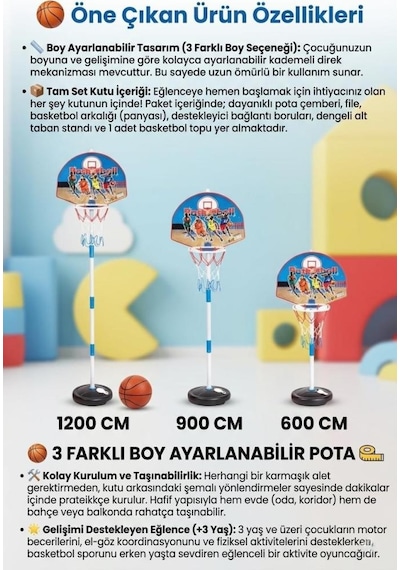 Ayaklı Oyuncak Basketbol Seti Çocuk Basketbol Potası Boy Ayarlanabilir 3 Farklı Boy Seçeneği